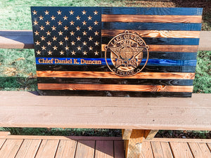 Thin Blue Line Wood Flag with Agency Badge