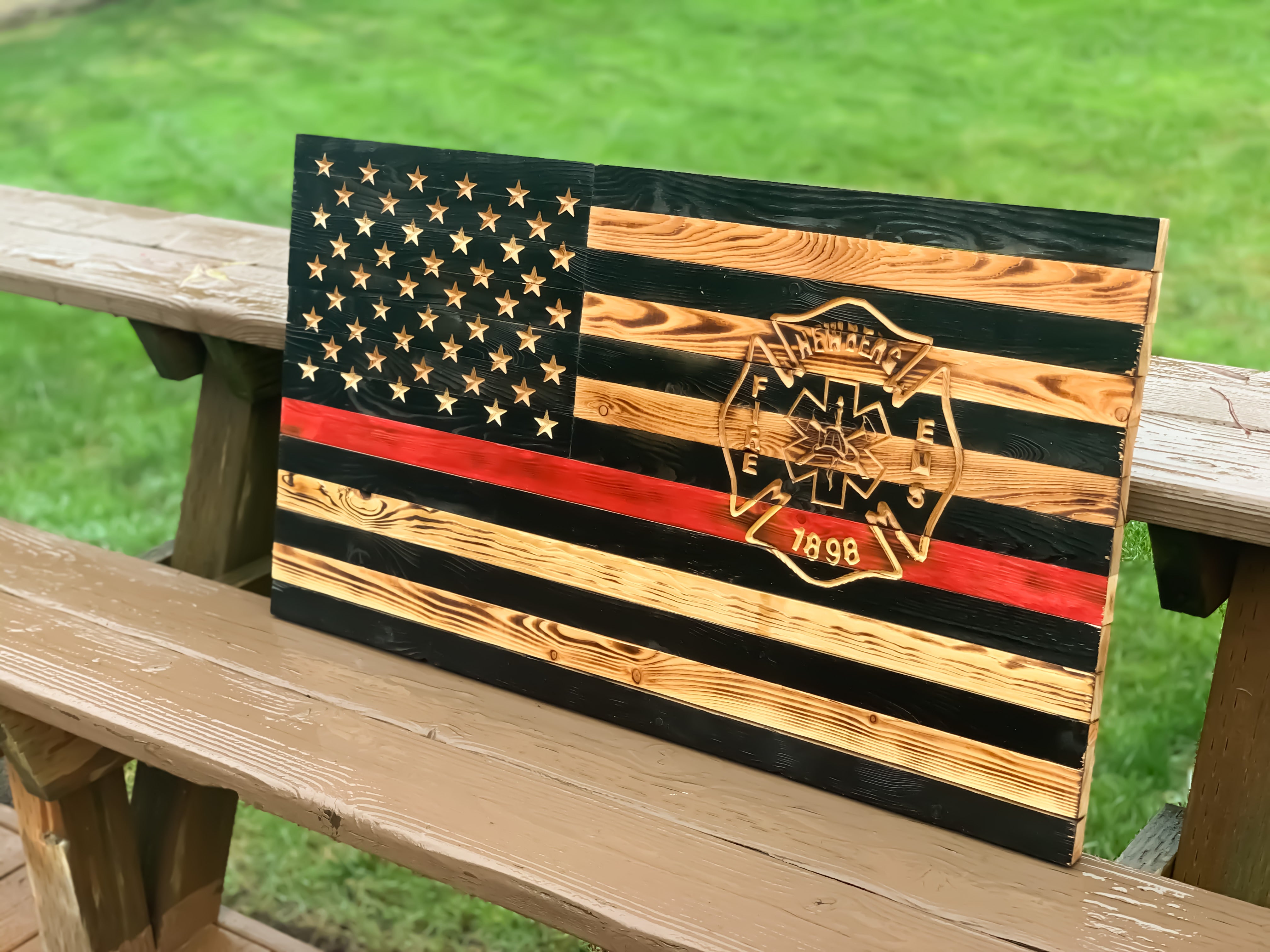 Thin Red Line Firefighter Wood Flags